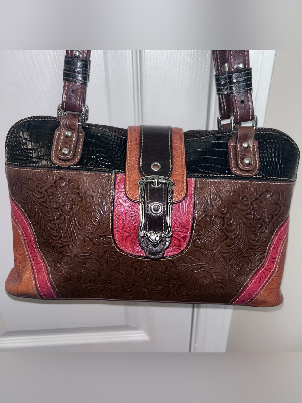 Vintage MC Marc Chantal EUC Patchwork Leather Floral Croc Embossed Western Purse